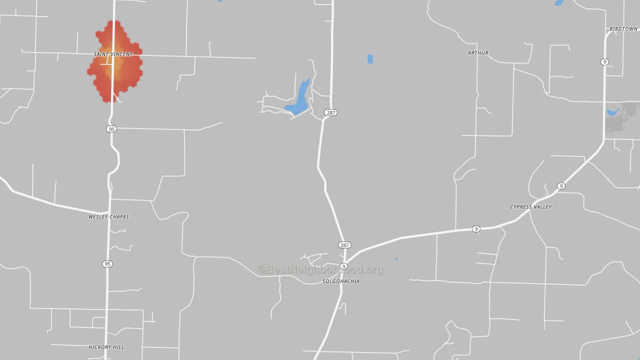 Walk Grade map of 72156, AR, walkable areas in green and car-dependent areas in red