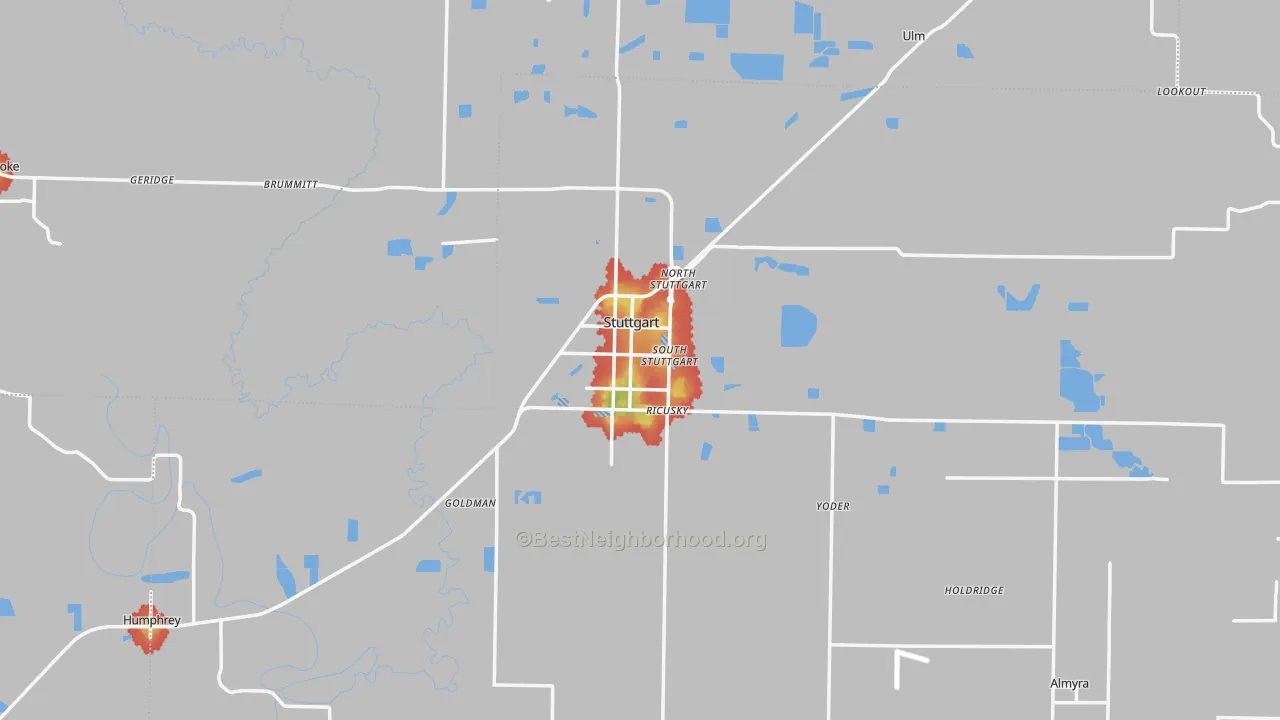 Walk Grade map of 72160, AR, walkable areas in green and car-dependent areas in red