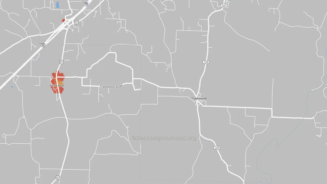 Walk Grade map of 72167, AR, walkable areas in green and car-dependent areas in red
