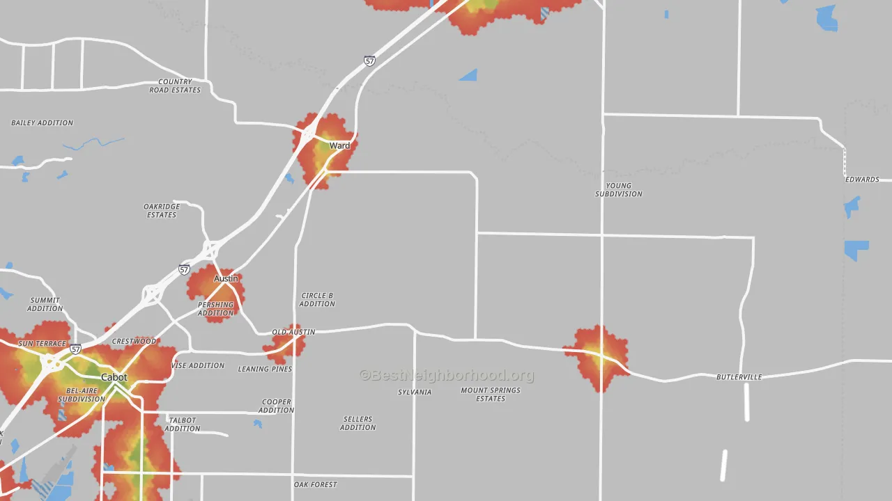 Walk Grade map of 72176, AR, walkable areas in green and car-dependent areas in red