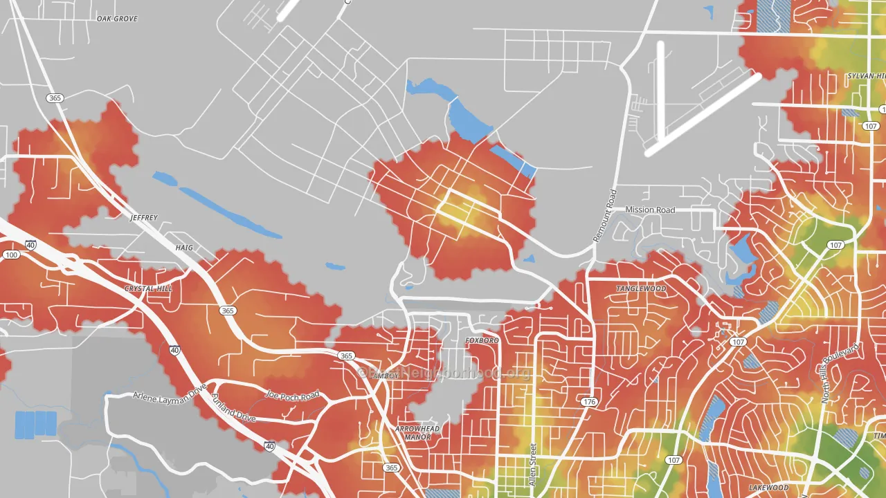 Walk Grade map of 72199, AR, walkable areas in green and car-dependent areas in red