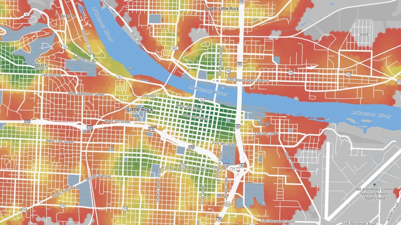 Walk Grade map of 72201, AR, walkable areas in green and car-dependent areas in red