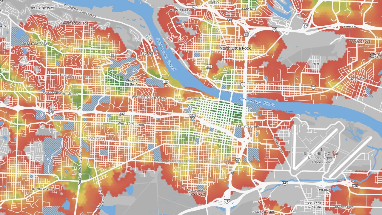 Walk Grade map of 72202, AR, walkable areas in green and car-dependent areas in red