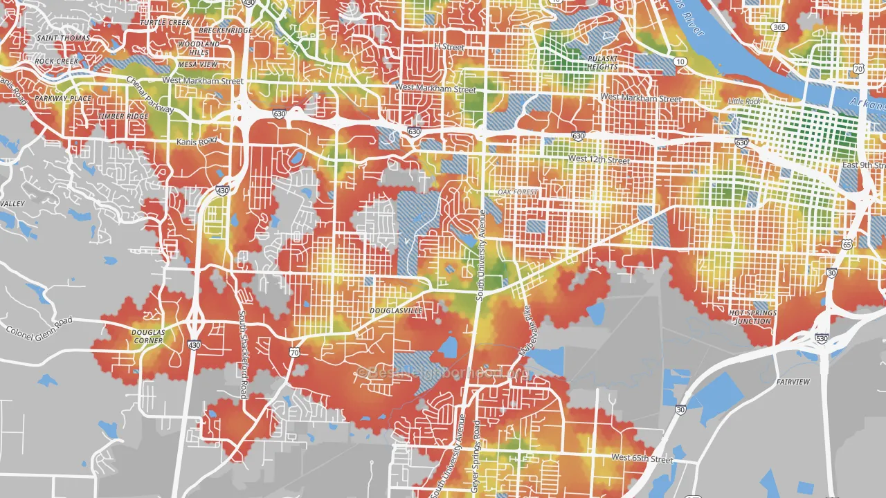 Walk Grade map of 72204, AR, walkable areas in green and car-dependent areas in red