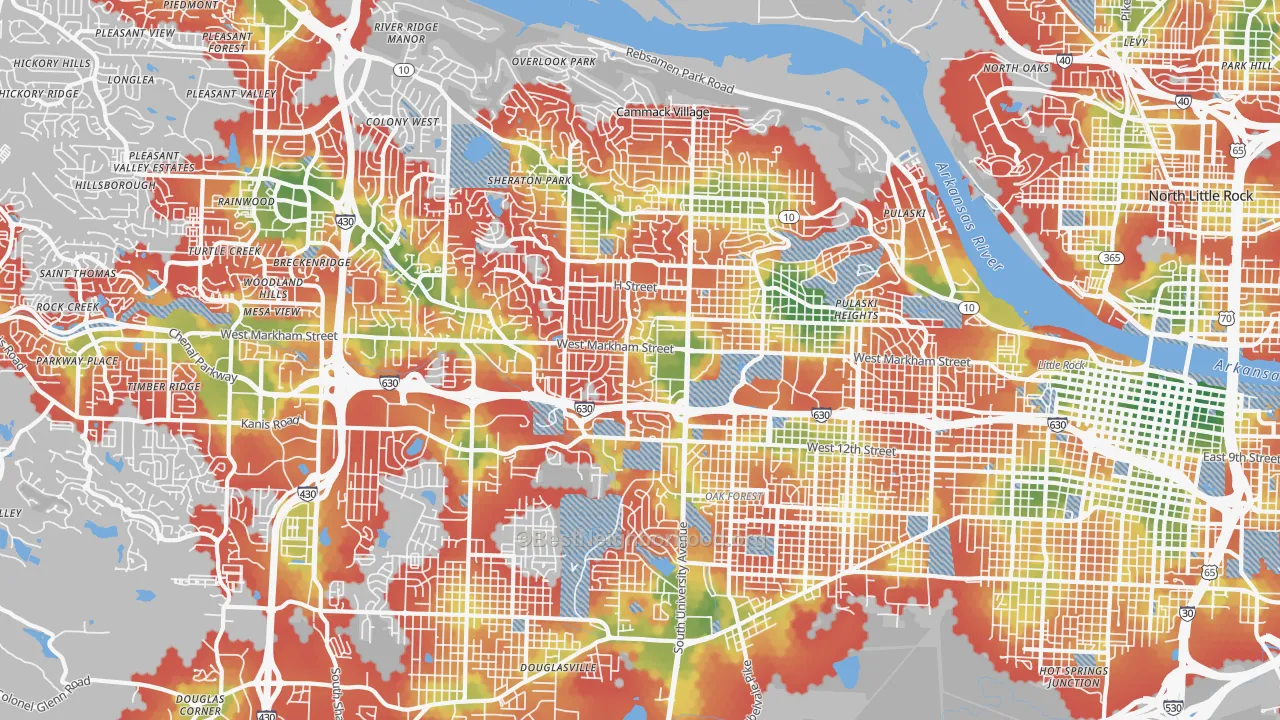 Walk Grade map of 72205, AR, walkable areas in green and car-dependent areas in red