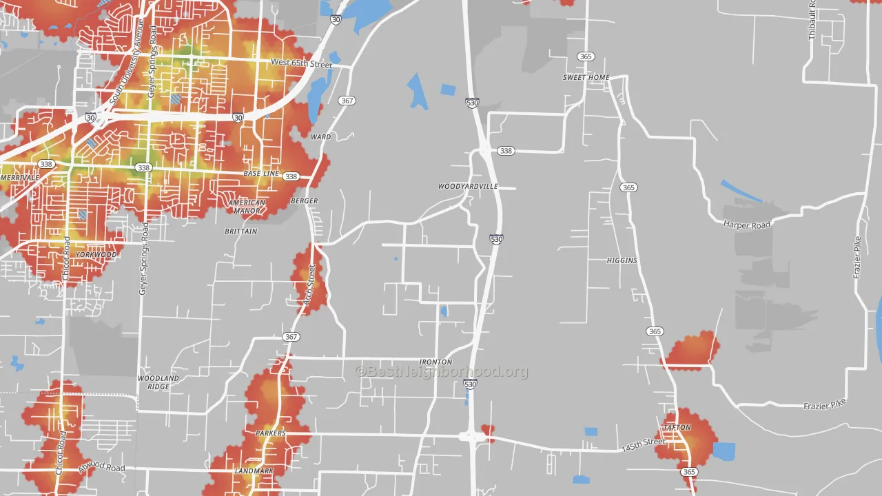 Walk Grade map of 72206, AR, walkable areas in green and car-dependent areas in red