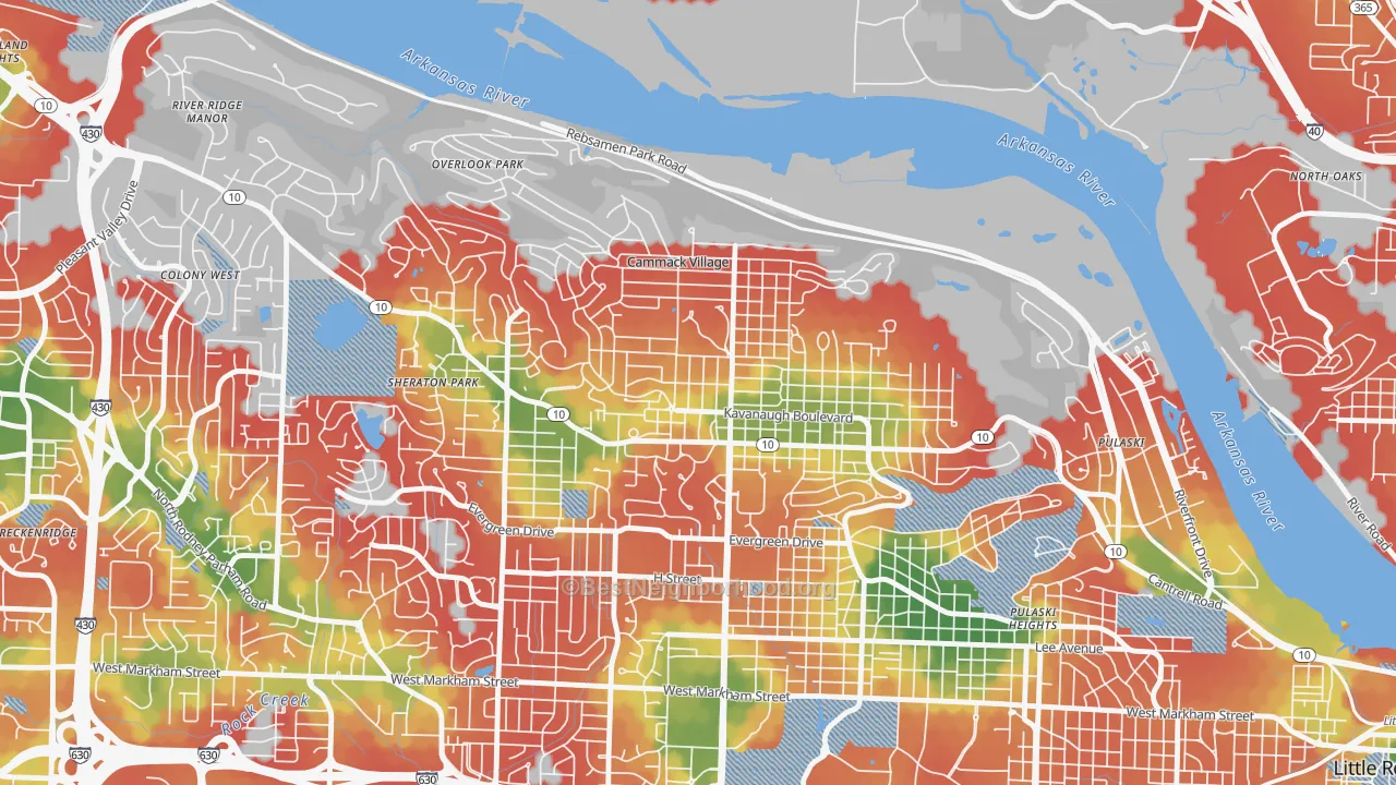Walk Grade map of 72207, AR, walkable areas in green and car-dependent areas in red