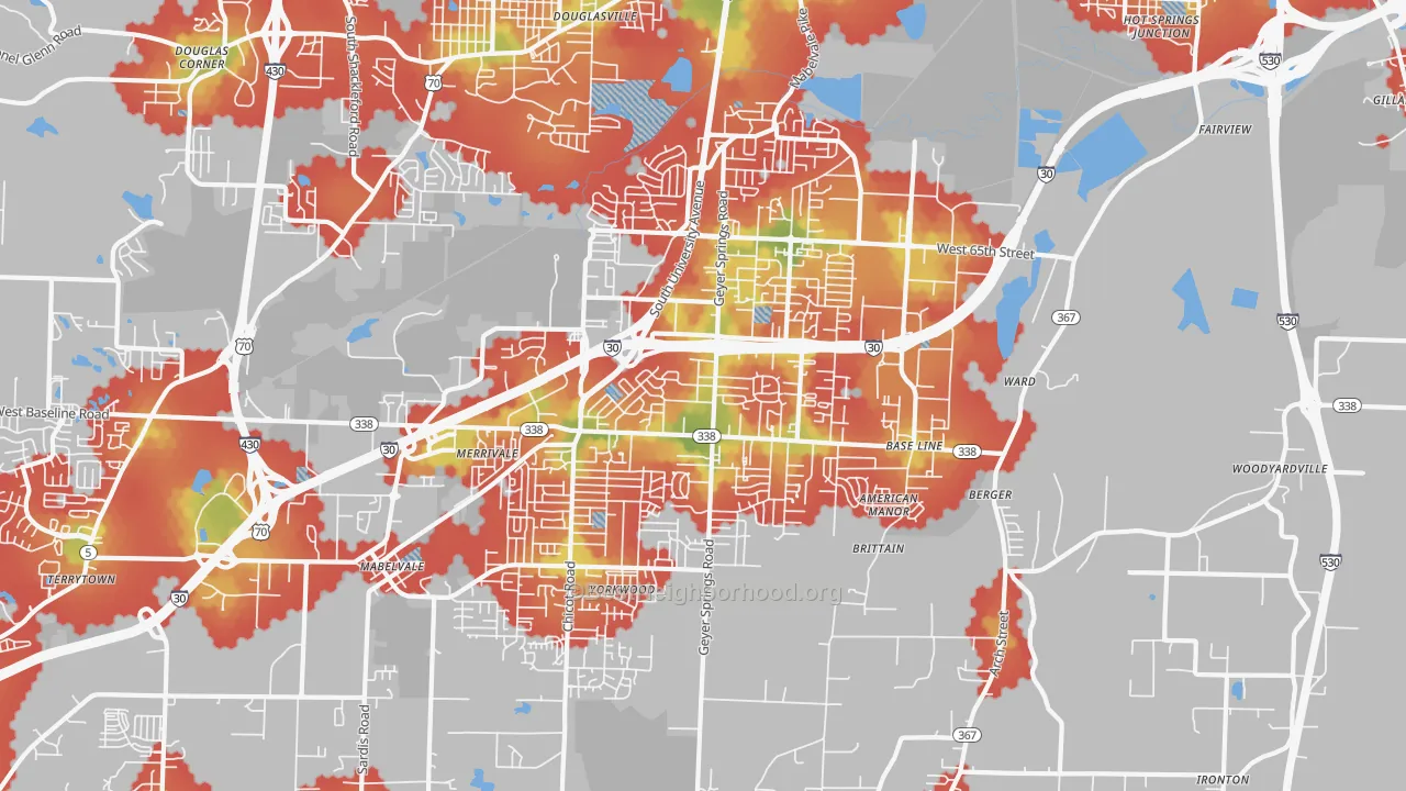 Walk Grade map of 72209, AR, walkable areas in green and car-dependent areas in red