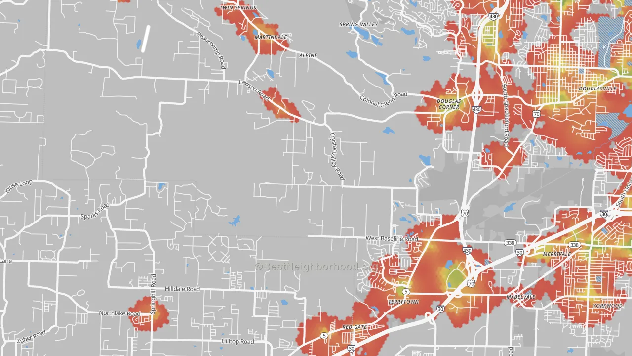 Walk Grade map of 72210, AR, walkable areas in green and car-dependent areas in red