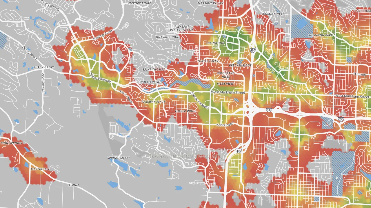 Walk Grade map of 72211, AR, walkable areas in green and car-dependent areas in red