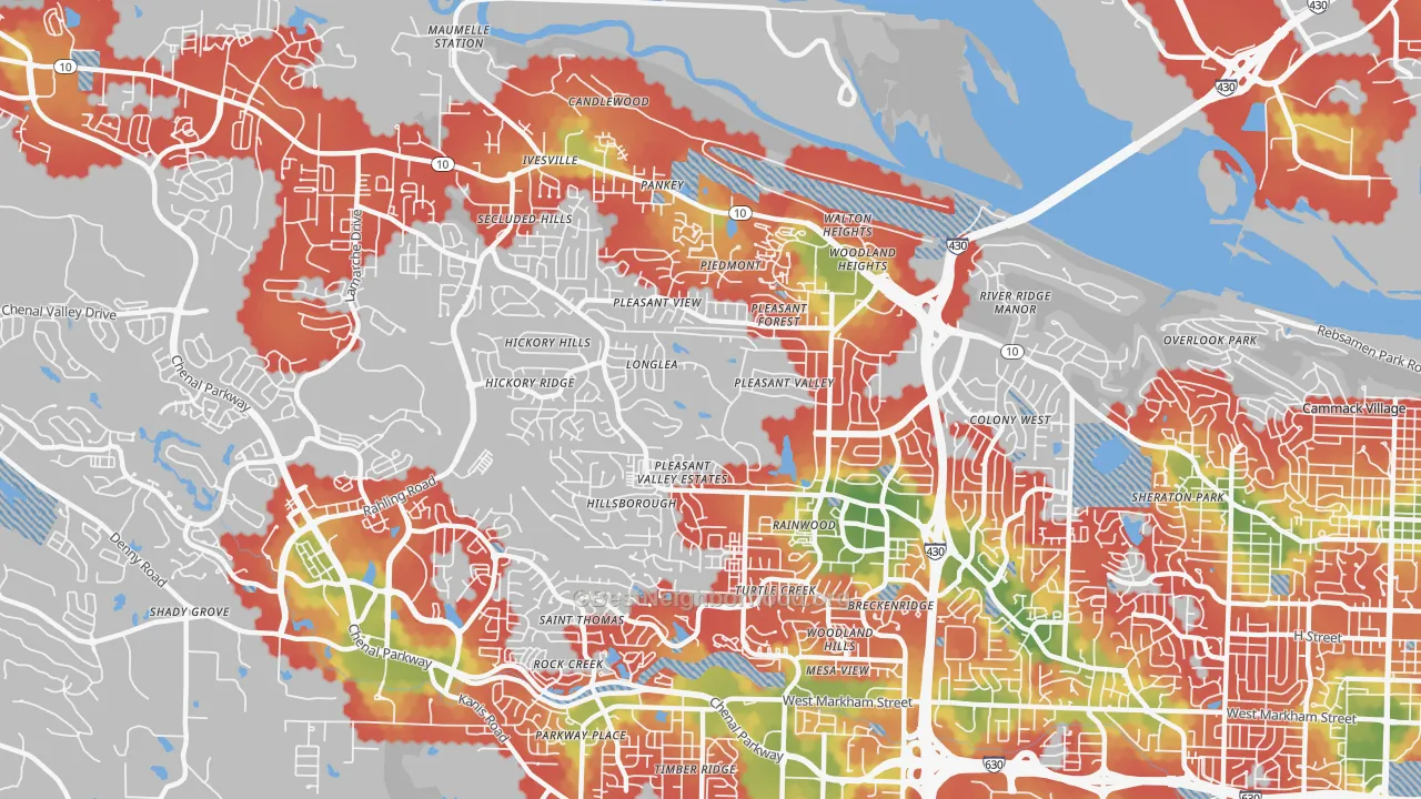 Walk Grade map of 72212, AR, walkable areas in green and car-dependent areas in red