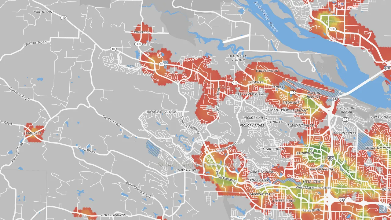 Walk Grade map of 72223, AR, walkable areas in green and car-dependent areas in red