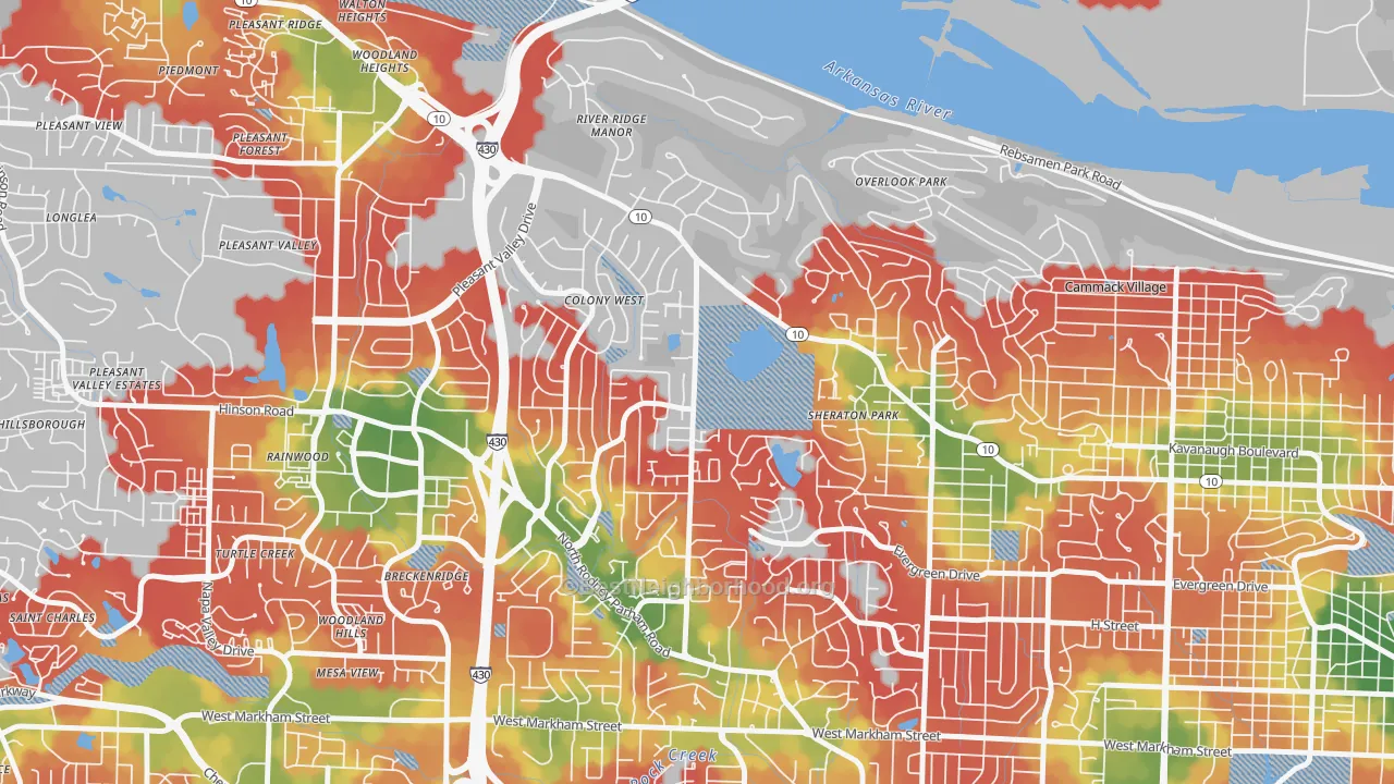 Walk Grade map of 72227, AR, walkable areas in green and car-dependent areas in red