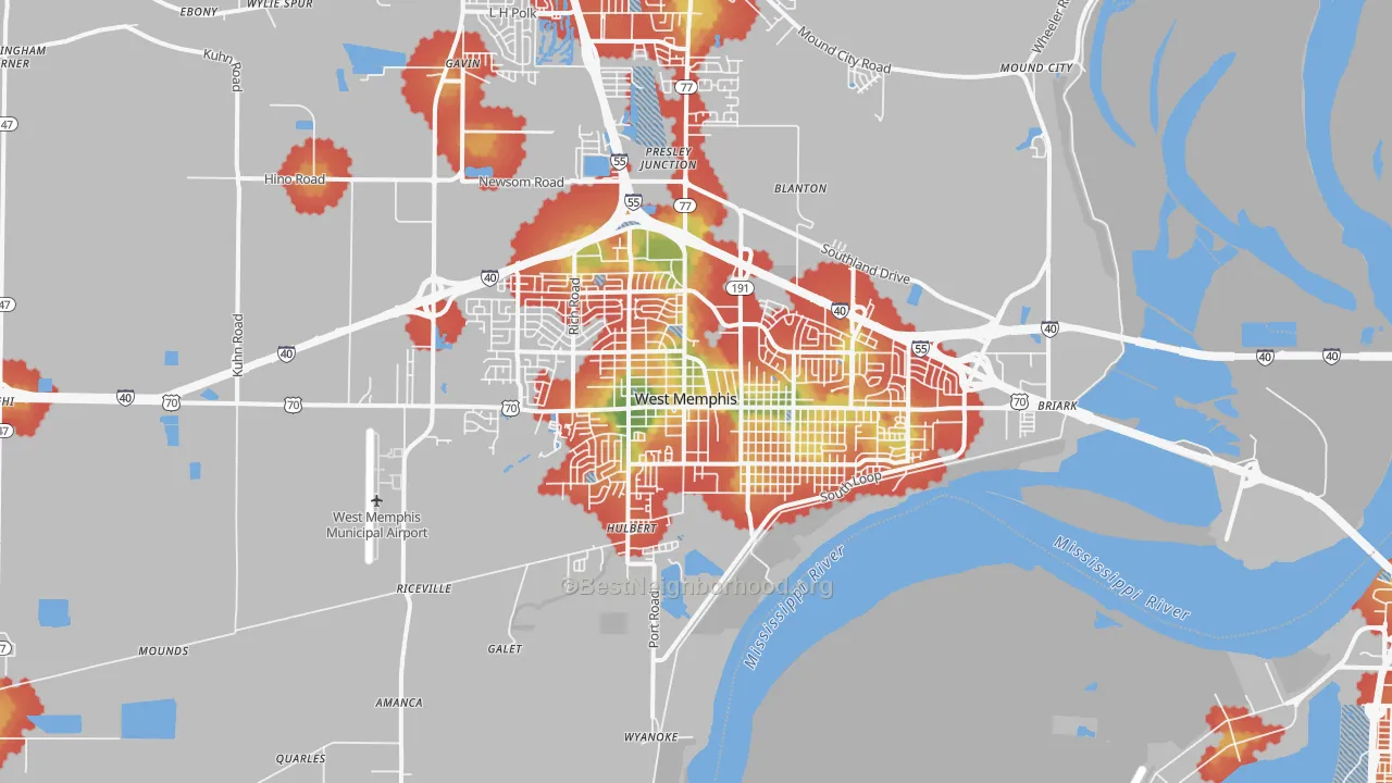 Walk Grade map of 72301, AR, walkable areas in green and car-dependent areas in red