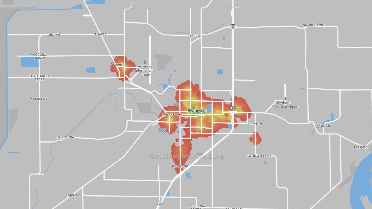 Walk Grade map of 72315, AR, walkable areas in green and car-dependent areas in red