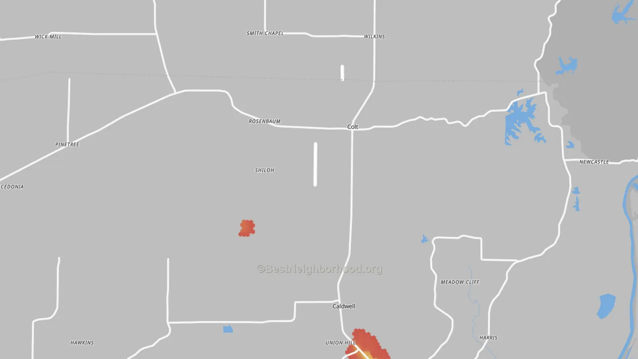 Walk Grade map of 72326, AR, walkable areas in green and car-dependent areas in red