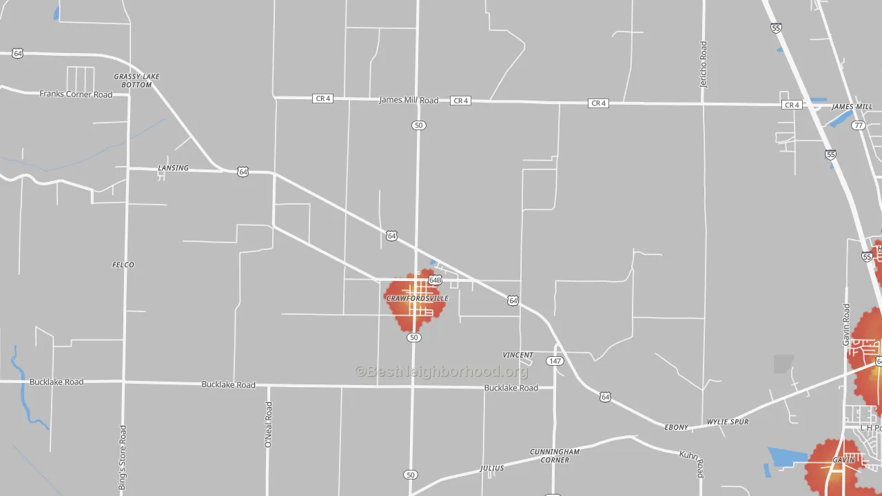 Walk Grade map of 72327, AR, walkable areas in green and car-dependent areas in red