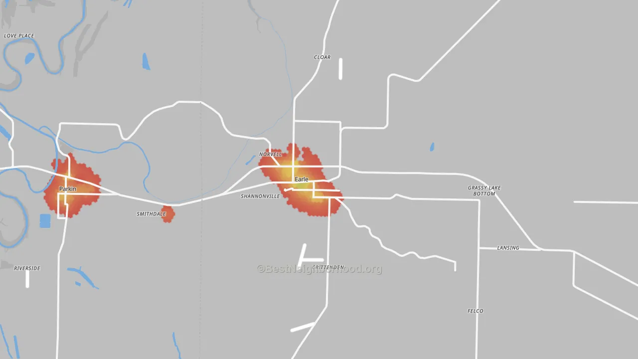 Walk Grade map of 72331, AR, walkable areas in green and car-dependent areas in red