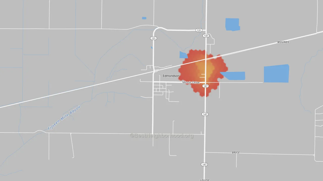 Walk Grade map of 72332, AR, walkable areas in green and car-dependent areas in red