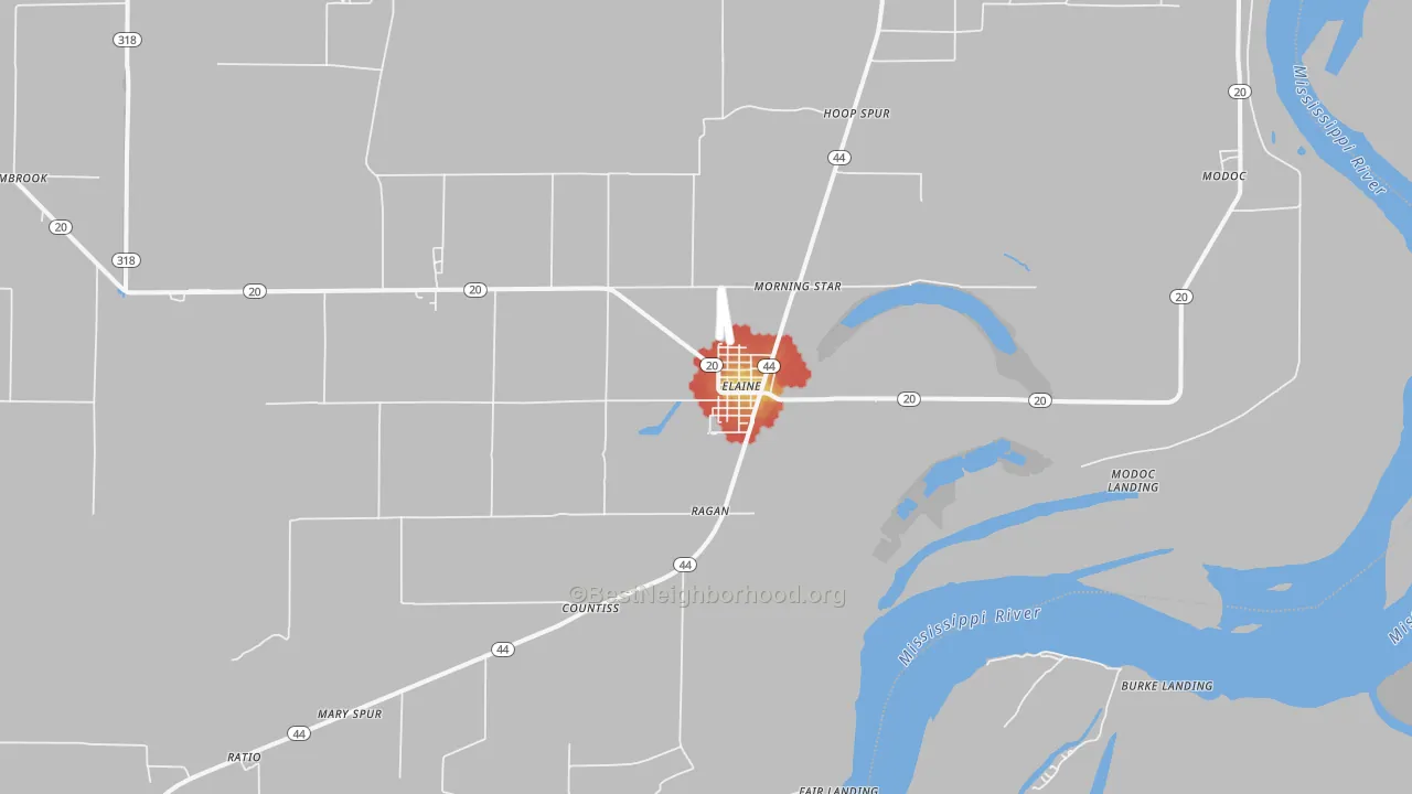 Walk Grade map of 72333, AR, walkable areas in green and car-dependent areas in red