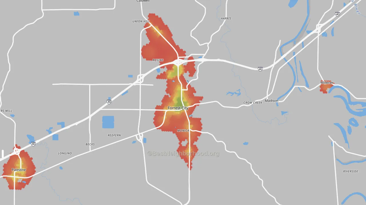 Walk Grade map of 72335, AR, walkable areas in green and car-dependent areas in red