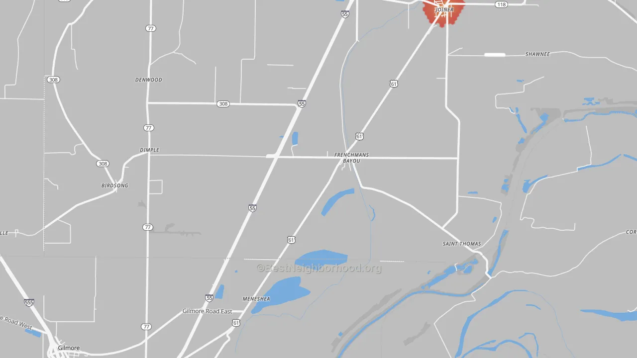 Walk Grade map of 72338, AR, walkable areas in green and car-dependent areas in red