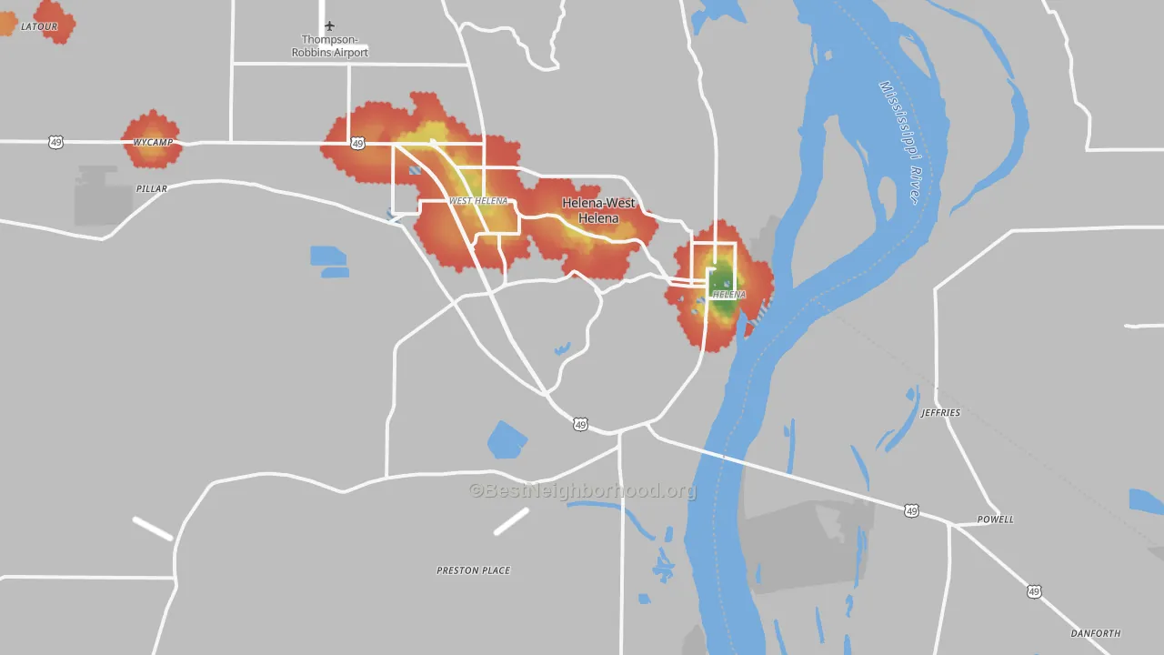 Walk Grade map of 72342, AR, walkable areas in green and car-dependent areas in red