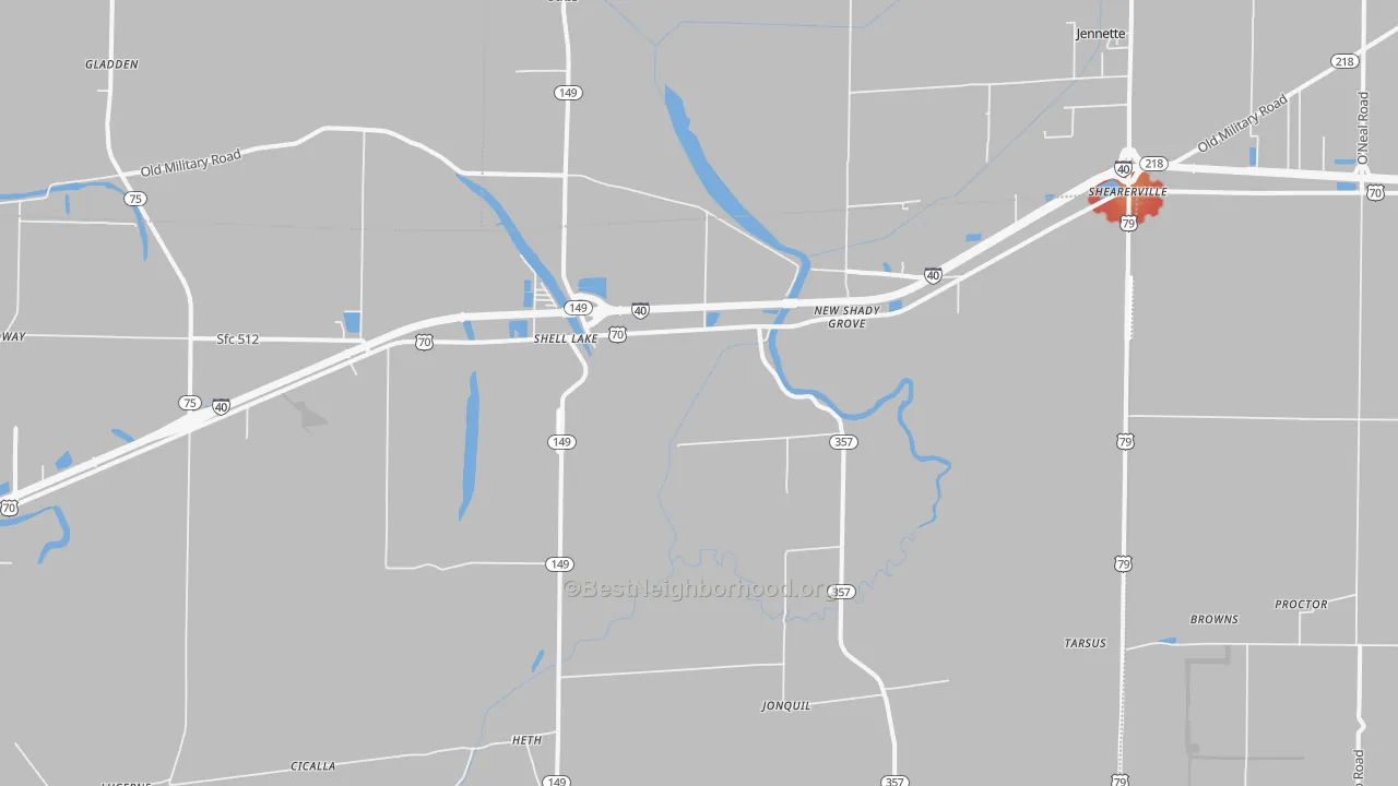 Walk Grade map of 72346, AR, walkable areas in green and car-dependent areas in red
