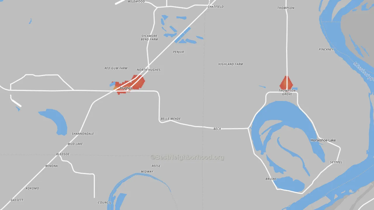 Walk Grade map of 72348, AR, walkable areas in green and car-dependent areas in red