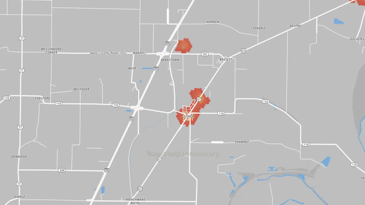 Walk Grade map of 72350, AR, walkable areas in green and car-dependent areas in red