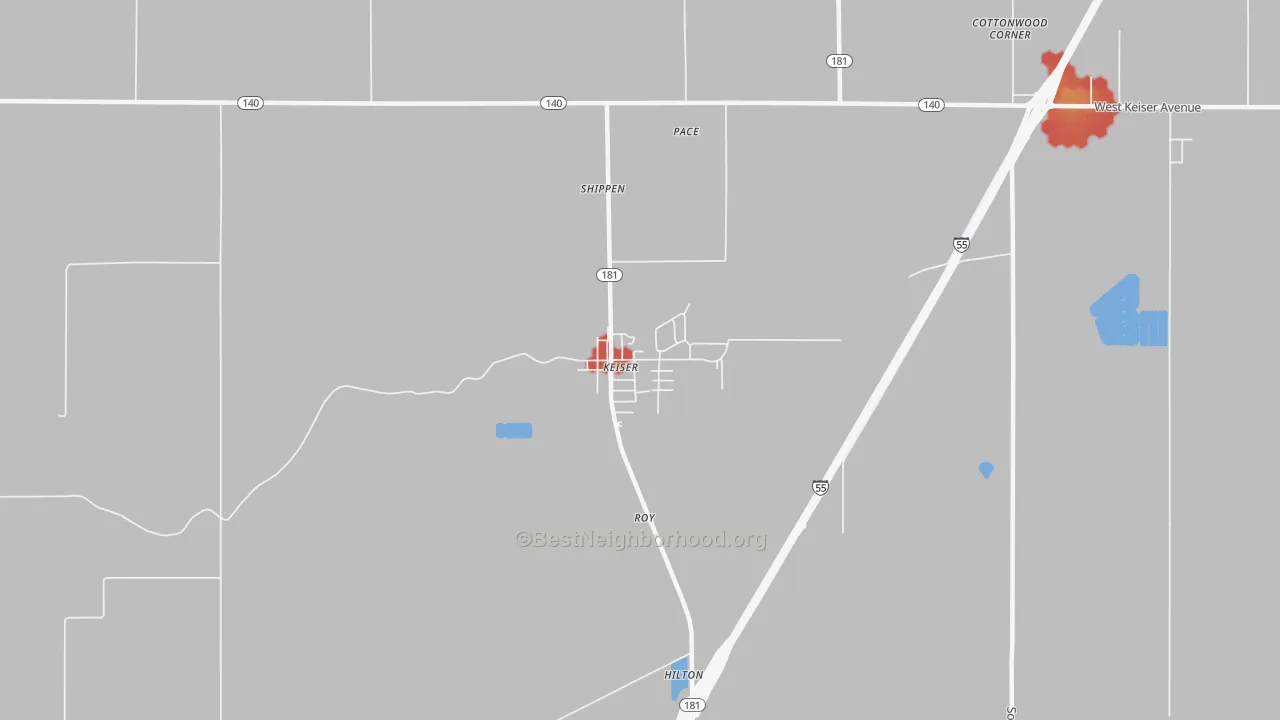 Walk Grade map of 72351, AR, walkable areas in green and car-dependent areas in red