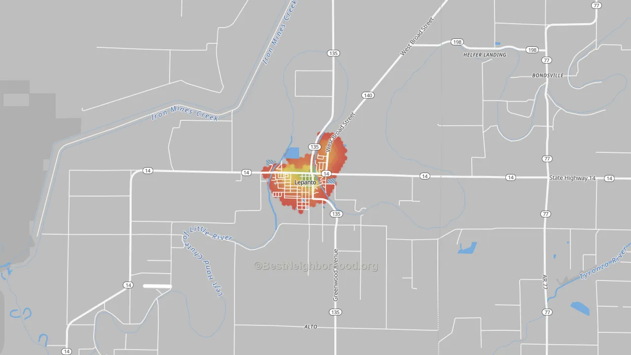 Walk Grade map of 72354, AR, walkable areas in green and car-dependent areas in red