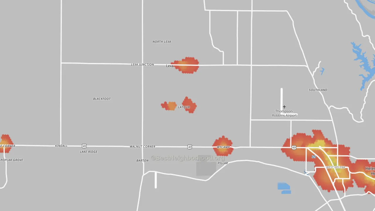 Walk Grade map of 72355, AR, walkable areas in green and car-dependent areas in red