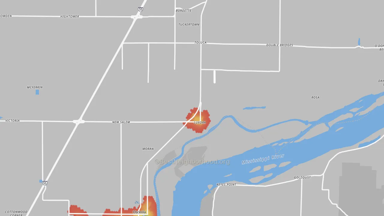 Walk Grade map of 72358, AR, walkable areas in green and car-dependent areas in red