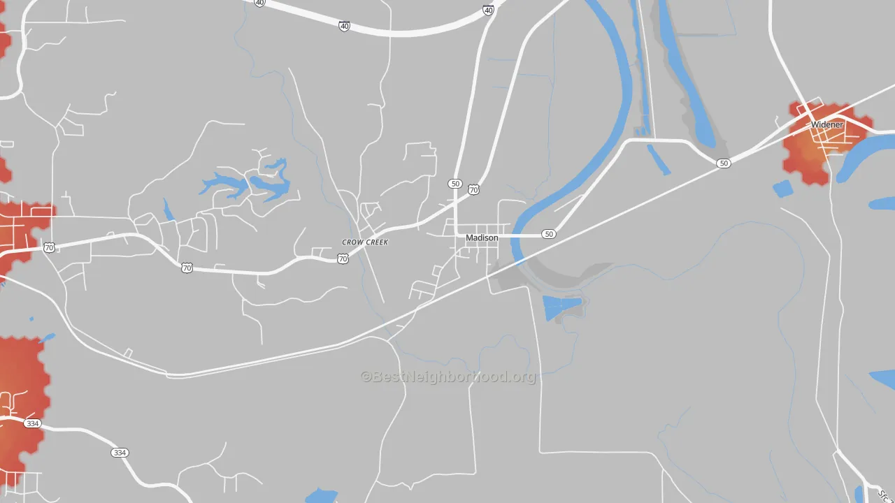 Walk Grade map of 72359, AR, walkable areas in green and car-dependent areas in red