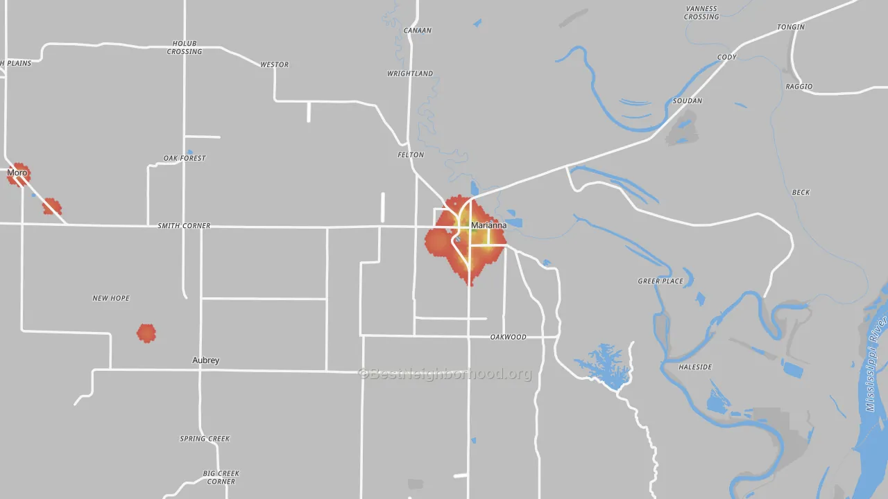 Walk Grade map of 72360, AR, walkable areas in green and car-dependent areas in red