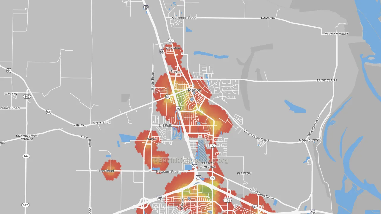 Walk Grade map of 72364, AR, walkable areas in green and car-dependent areas in red