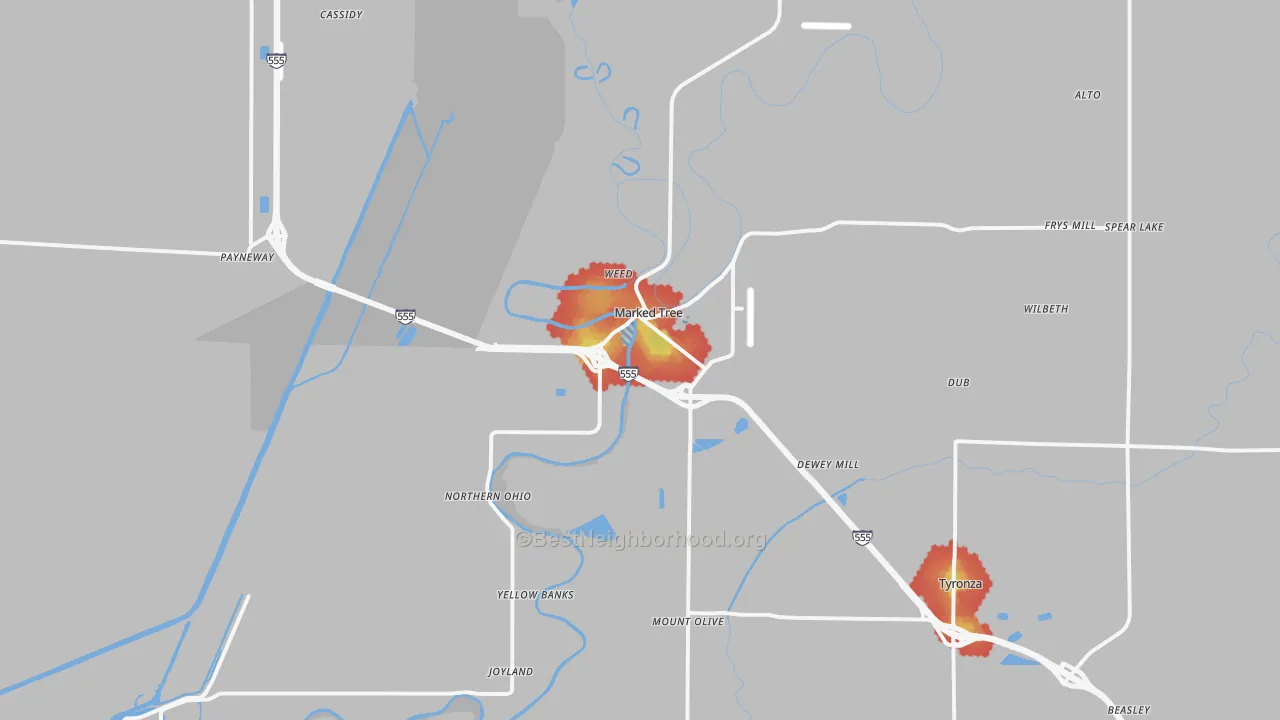 Walk Grade map of 72365, AR, walkable areas in green and car-dependent areas in red