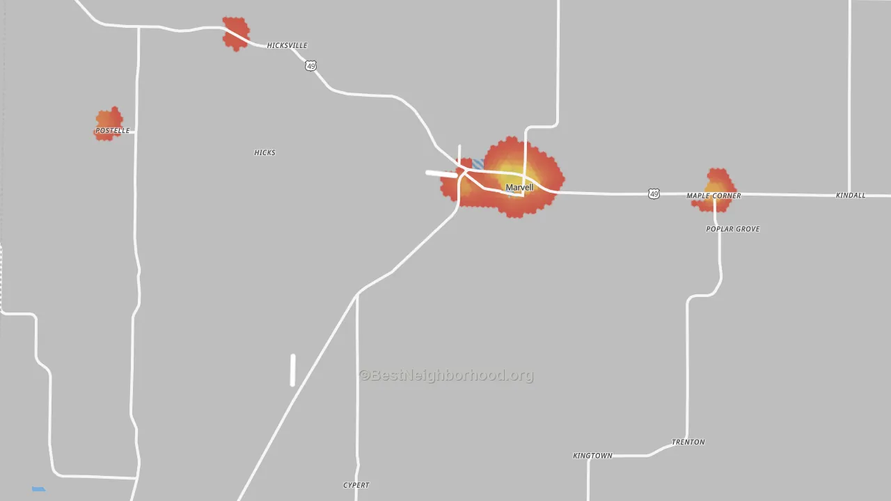 Walk Grade map of 72366, AR, walkable areas in green and car-dependent areas in red