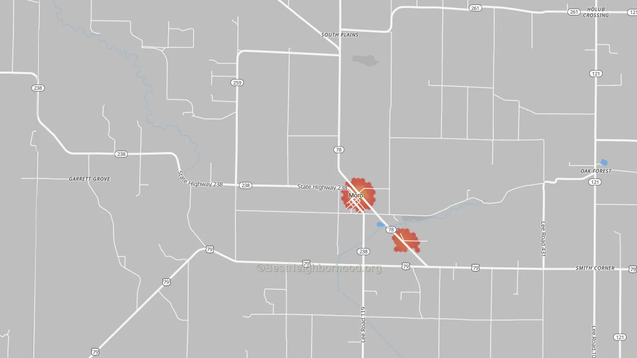 Walk Grade map of 72368, AR, walkable areas in green and car-dependent areas in red