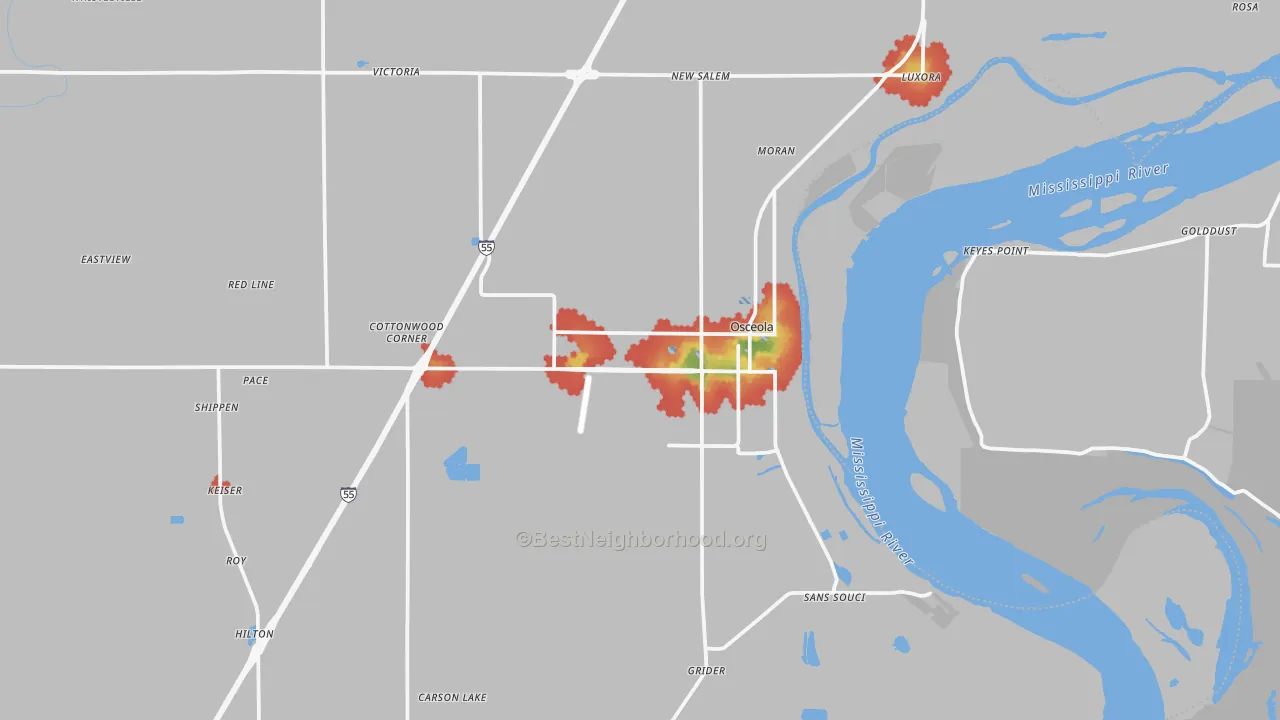Walk Grade map of 72370, AR, walkable areas in green and car-dependent areas in red