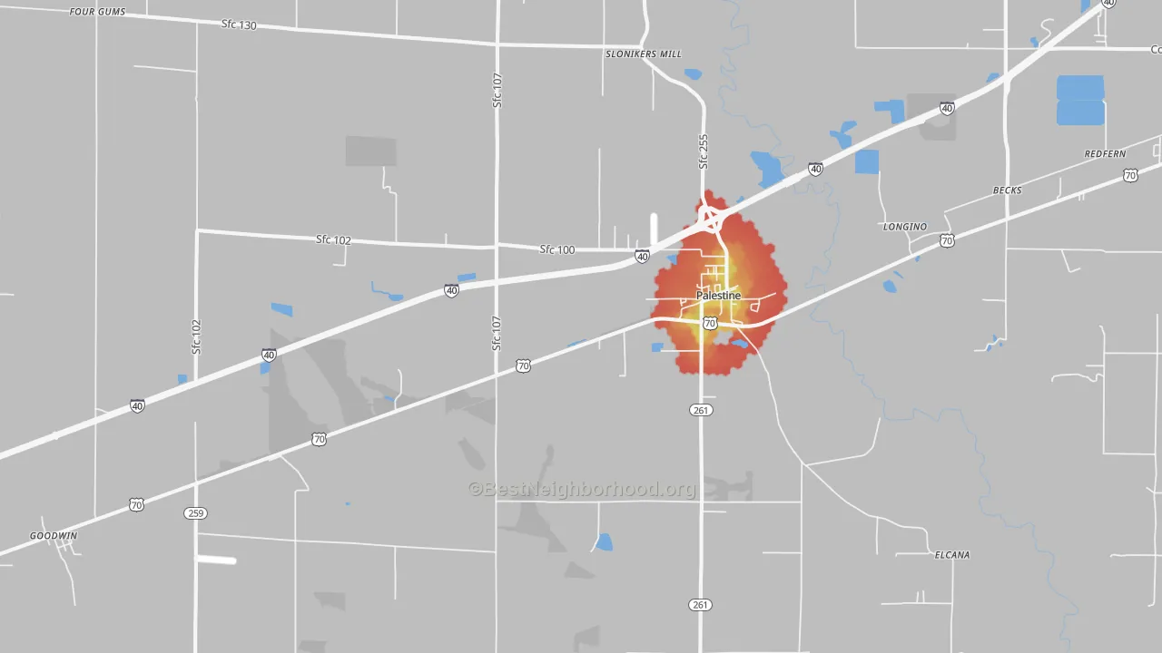 Walk Grade map of 72372, AR, walkable areas in green and car-dependent areas in red