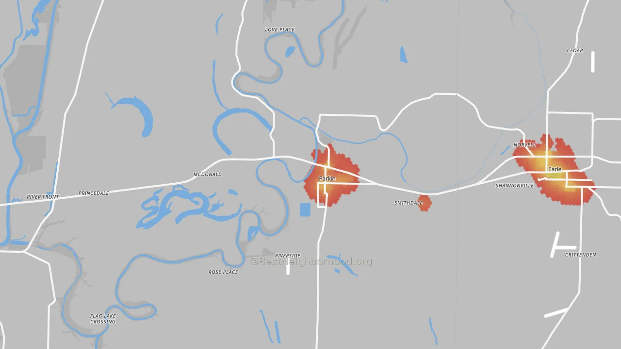 Walk Grade map of 72373, AR, walkable areas in green and car-dependent areas in red