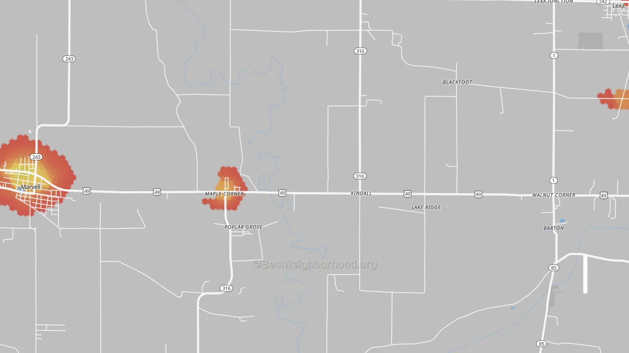 Walk Grade map of 72374, AR, walkable areas in green and car-dependent areas in red