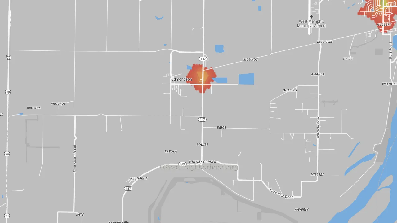 Walk Grade map of 72376, AR, walkable areas in green and car-dependent areas in red