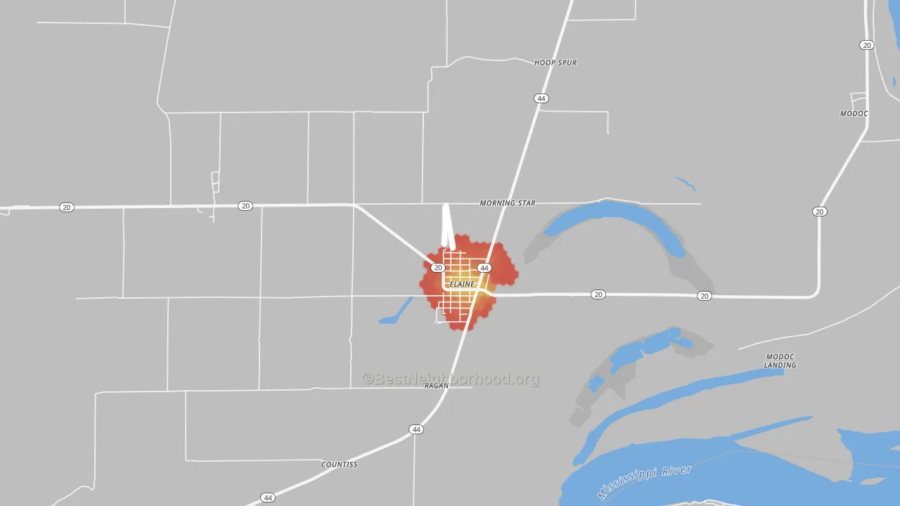 Walk Grade map of 72389, AR, walkable areas in green and car-dependent areas in red