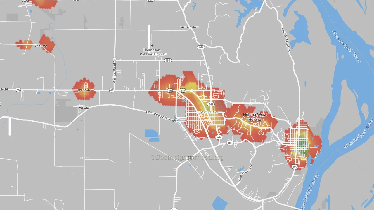Walk Grade map of 72390, AR, walkable areas in green and car-dependent areas in red