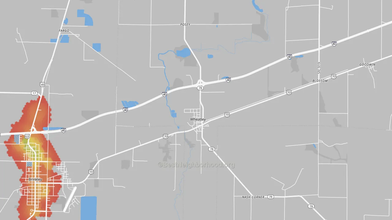 Walk Grade map of 72392, AR, walkable areas in green and car-dependent areas in red