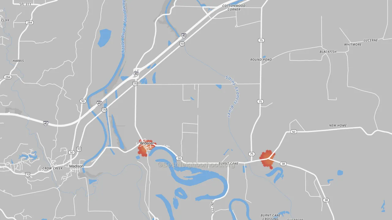 Walk Grade map of 72394, AR, walkable areas in green and car-dependent areas in red