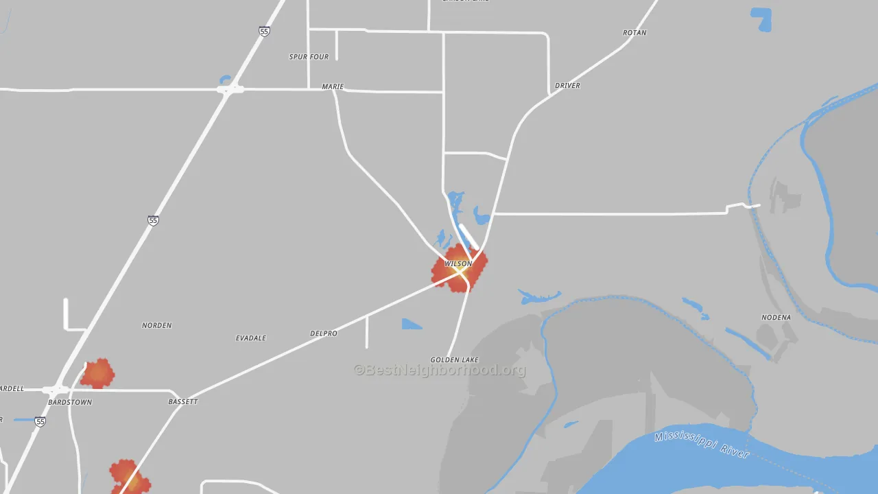 Walk Grade map of 72395, AR, walkable areas in green and car-dependent areas in red